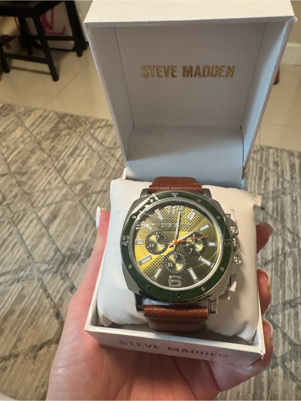 Steve Madden Men’s Chronograph Watch Green Bezel Brown Leather Strap